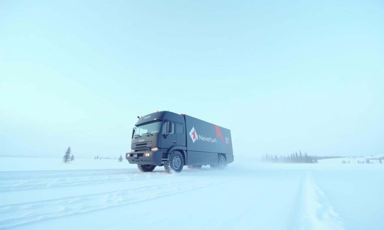 Vehículo de entrega NieveRush avanzando en un paisaje invernal nevado